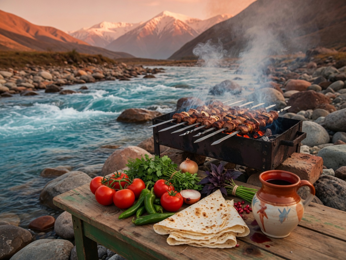 Мангал у горной реки: шампуры с мясом, дымок, стол с овощами, лавашом и кувшином вина